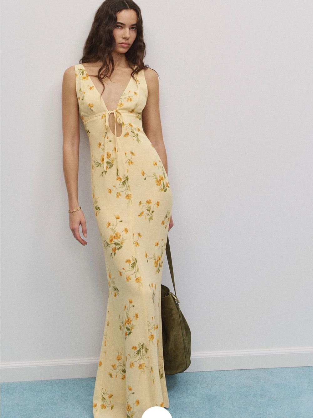 Reformation Taryn Pale Yellow Floral Tie-Front Maxi Dress